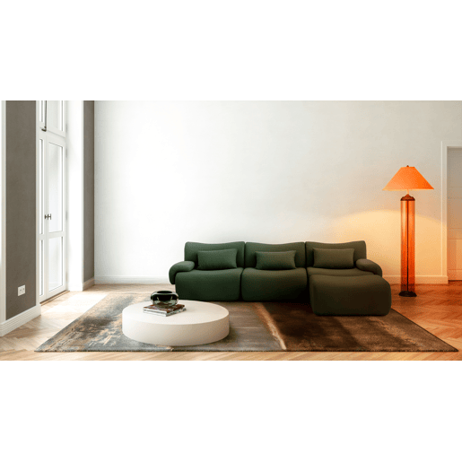 Sofá modular de 3 lugares com chaise longue, tecido bouclé na cor verde floresta