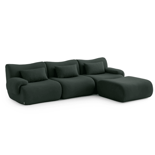 Sofá modular de 3 lugares com chaise longue, tecido bouclé na cor verde floresta
