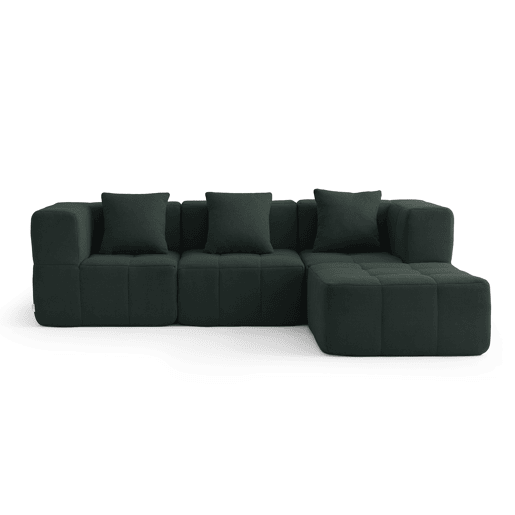 Sofá modular de 3 lugares com chaise longue, tecido bouclé na cor verde floresta