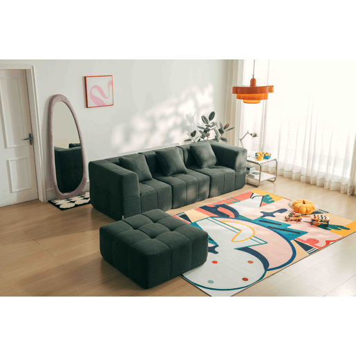 Sofá modular de 3 lugares com chaise longue, tecido bouclé na cor verde floresta