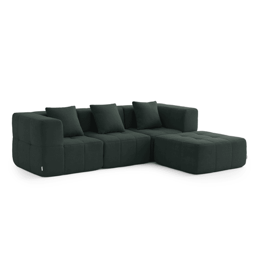 Sofá modular de 3 lugares com chaise longue, tecido bouclé na cor verde floresta