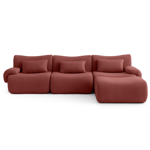 Sofá modular de 3 lugares com chaise longue, tecido bouclé na cor vermelho terracota