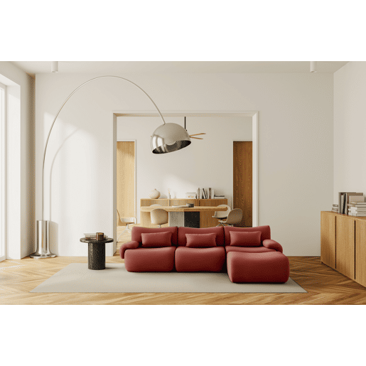 Sofá modular de 3 lugares com chaise longue, tecido bouclé na cor vermelho terracota