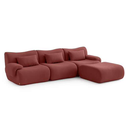 Sofá modular de 3 lugares com chaise longue, tecido bouclé na cor vermelho terracota