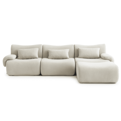 Sofá modular de 3 lugares com chaise longue, tecido bouclé na cor bege creme