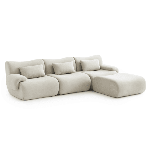 Sofá modular de 3 lugares com chaise longue, tecido bouclé na cor bege creme