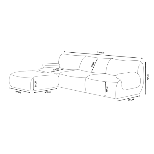 Sofá modular de 3 lugares com chaise longue, tecido bouclé na cor bege creme