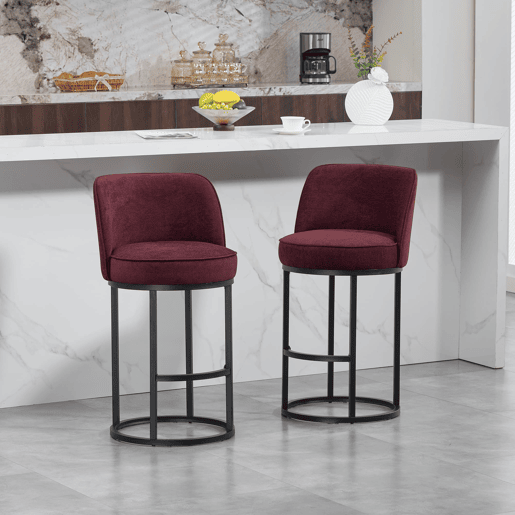 Banco de bar 2 unidades - moderno, acolchoado, pernas metálicas pretas - vermelho vinho