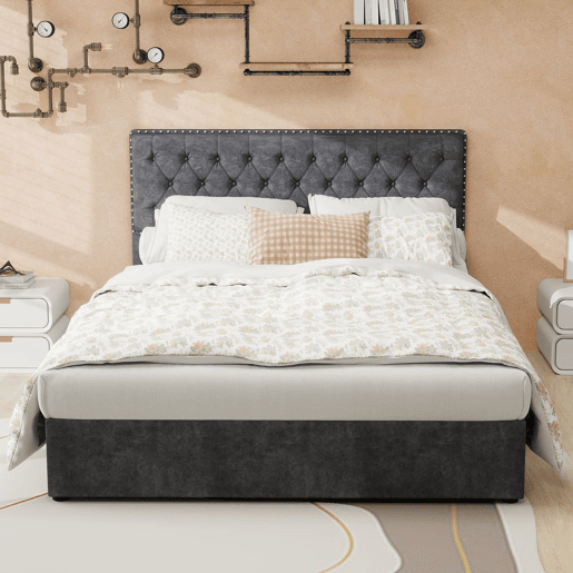 Cama estofada 140x200 - minimalista, cabeceira confortável, base alta com pistão - cinzenta