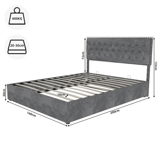 Cama estofada 140x200 - minimalista, cabeceira confortável, base alta com pistão - cinzenta