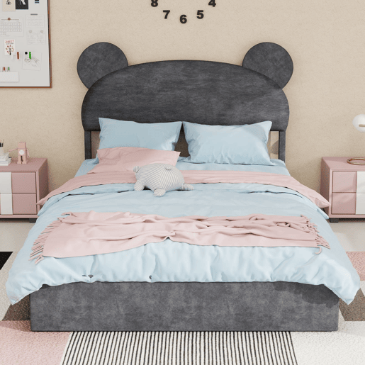 Cama infantil estofada 140x200 - Cabeceira com desenhos animados, arrumação com pistão - Cinza