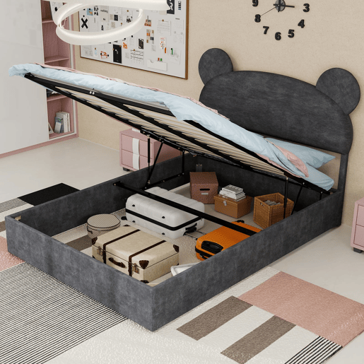Cama infantil estofada 140x200 - Cabeceira com desenhos animados, arrumação com pistão - Cinza