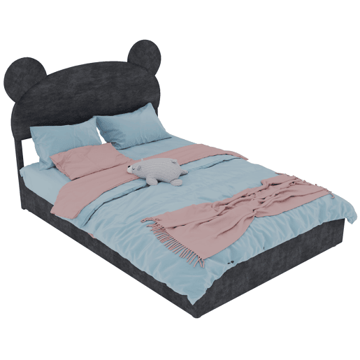 Cama infantil estofada 140x200 - Cabeceira com desenhos animados, arrumação com pistão - Cinza