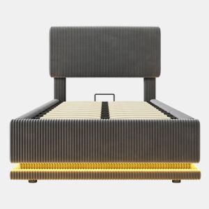 Cama estofada 90x200 - LED, USB-C, cabeceira ajustável, arrumação, tecido de veludo cotelê - Cinza