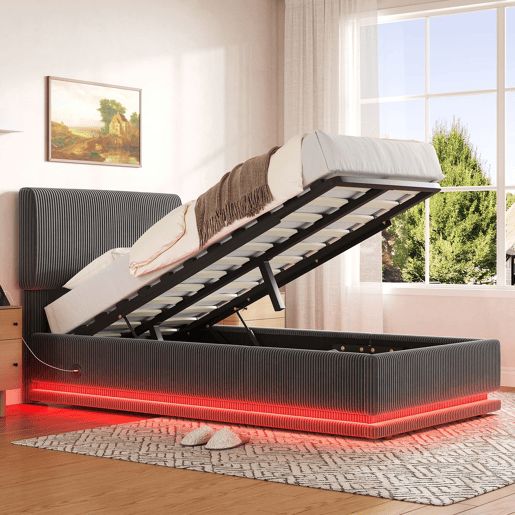 Cama estofada 90x200 - LED, USB-C, cabeceira ajustável, arrumação, tecido de veludo cotelê - Cinza