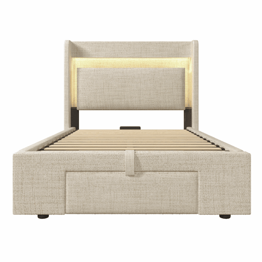 Cama estofada 90x200 - armazenamento hidráulico, cabeceira com LED e USB - Bege
