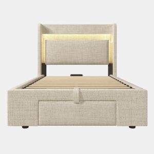 Cama estofada 90x200 - armazenamento hidráulico, cabeceira com LED e USB - Bege