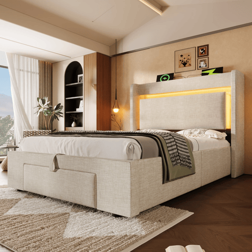 Cama estofada 90x200 - armazenamento hidráulico, cabeceira com LED e USB - Bege