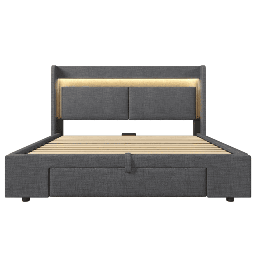 Cama estofada 140x200 - armazenamento hidráulico, cabeceira com LED, USBUSB-C - Cinza