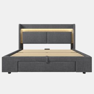Cama estofada 140x200 - armazenamento hidráulico, cabeceira com LED, USBUSB-C - Cinza