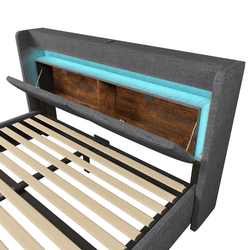 Cama estofada 140x200 - armazenamento hidráulico, cabeceira com LED, USBUSB-C - Cinza