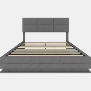 Cama estofada 160x200 cm - Cabeceira ajustável, portas USBType-C, iluminação LED, sistema hidráulico, armazenamento XXL - Cinza