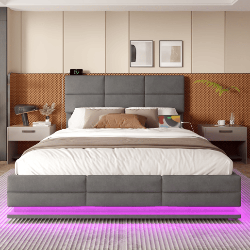 Cama estofada 160x200 cm - Cabeceira ajustável, portas USBType-C, iluminação LED, sistema hidráulico, armazenamento XXL - Cinza