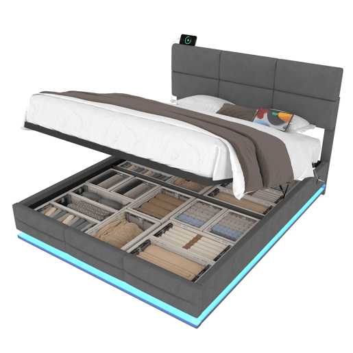 Cama estofada 160x200 cm - Cabeceira ajustável, portas USBType-C, iluminação LED, sistema hidráulico, armazenamento XXL - Cinza