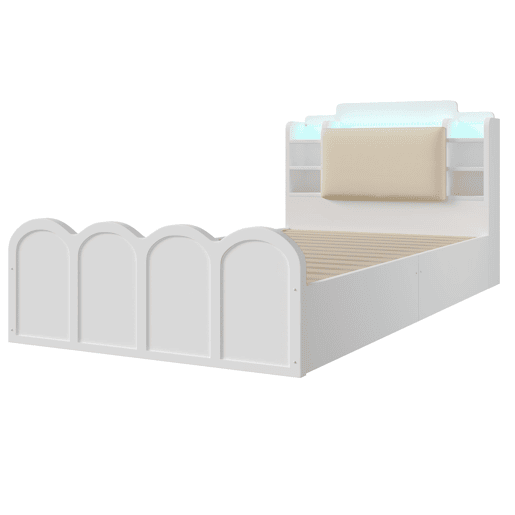Cama com painel 90x200 cm - canapé rebatível hidráulico, USB-C e LED - branco