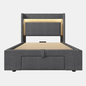 Cama estofada 90x200 - Armazenamento hidráulico, cabeceira com LED e USB - Cinza