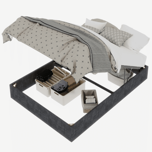 Cama 140x200 - minimalista, com pistão elevador, veludo cinzento