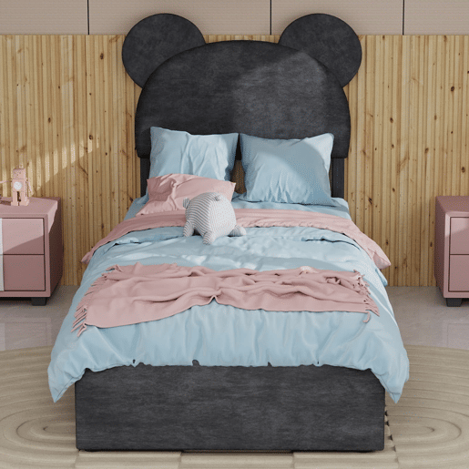 Cama infantil estofada 90x200 - cabeceira com desenhos animados, base com arrumação e pistão - cinzento