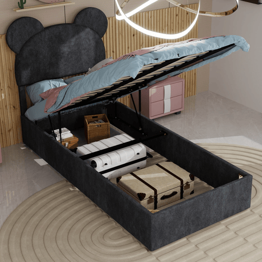 Cama infantil estofada 90x200 - cabeceira com desenhos animados, base com arrumação e pistão - cinzento