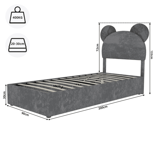 Cama infantil estofada 90x200 - cabeceira com desenhos animados, base com arrumação e pistão - cinzento
