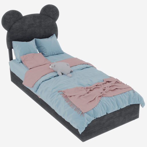Cama infantil estofada 90x200 - cabeceira com desenhos animados, base com arrumação e pistão - cinzento