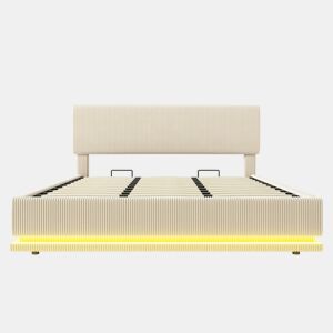 Cama estofada moderna 180x200 - com iluminação LED, USB-C, cabeceira ajustável, tecido cordão, estrutura resistente - Bege