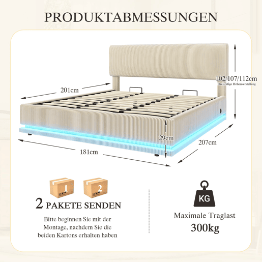 Cama estofada moderna 180x200 - com iluminação LED, USB-C, cabeceira ajustável, tecido cordão, estrutura resistente - Bege