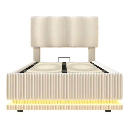 Cama estofada 90x200 - LED, USB-C, cabeceira ajustável, arrumação inferior, colchão confortável - Bege