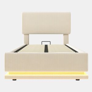 Cama estofada 90x200 - LED, USB-C, cabeceira ajustável, arrumação inferior, colchão confortável - Bege