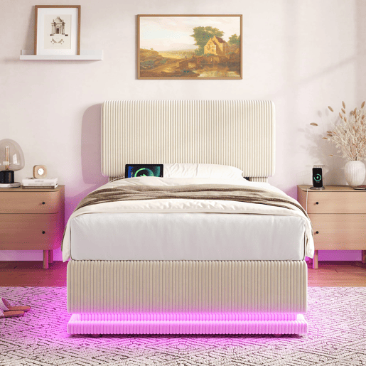 Cama estofada 90x200 - LED, USB-C, cabeceira ajustável, arrumação inferior, colchão confortável - Bege