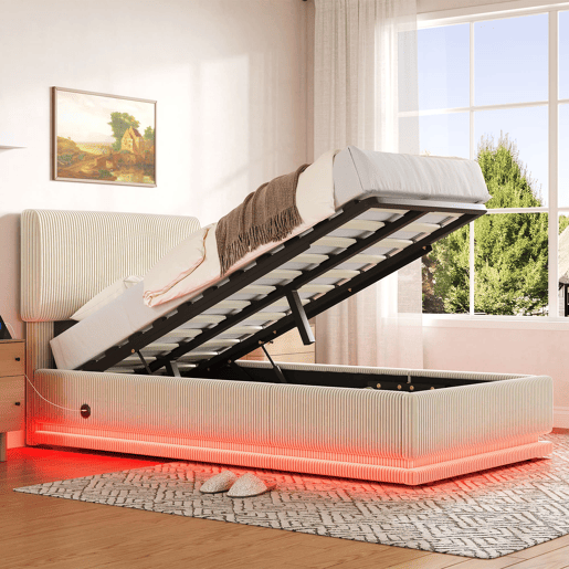 Cama estofada 90x200 - LED, USB-C, cabeceira ajustável, arrumação inferior, colchão confortável - Bege