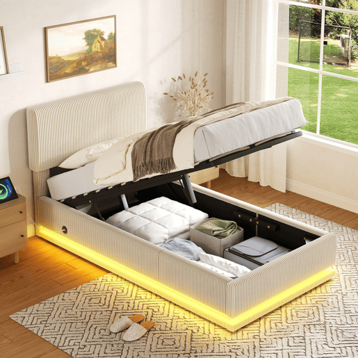 Cama estofada 90x200 - LED, USB-C, cabeceira ajustável, arrumação inferior, colchão confortável - Bege