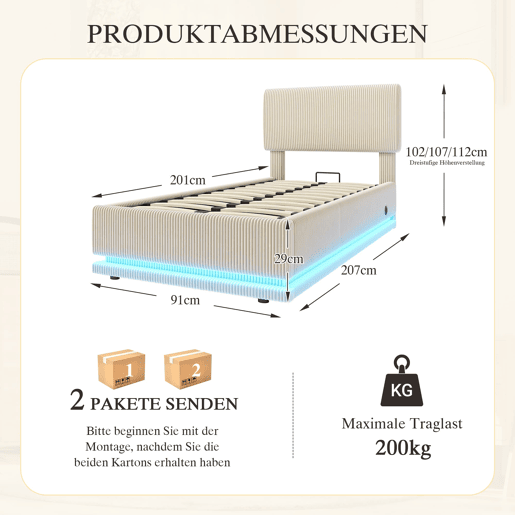 Cama estofada 90x200 - LED, USB-C, cabeceira ajustável, arrumação inferior, colchão confortável - Bege