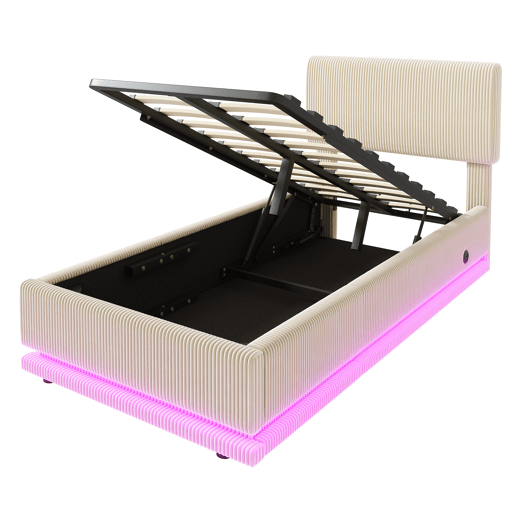 Cama estofada 90x200 - LED, USB-C, cabeceira ajustável, arrumação inferior, colchão confortável - Bege
