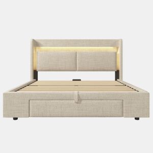 Cama estofada 140x200 cm - Armazenamento hidráulico, cabeceira com LED, USBUSB-C - Bege