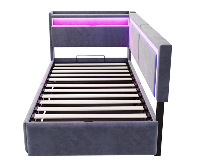 Sofá cama 90x200 cm - con led y puertos usb, cabecero abatible, sistema de almacenamiento hidráulico - gris oscuro