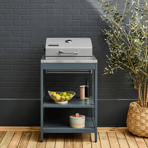 Churrasqueira a carvão de aço inoxidável com grade cromada, 2 prateleiras Azul cinza - 60x52x108 cm Churrasqueira a carvão de aço inoxidável com grade cromada, 2 prateleiras Azul cinza - 60x52x108 cm