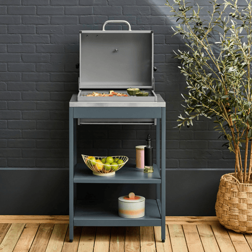 Churrasqueira a carvão de aço inoxidável com grade cromada, 2 prateleiras Azul cinza - 60x52x108 cm Churrasqueira a carvão de aço inoxidável com grade cromada, 2 prateleiras Azul cinza - 60x52x108 cm