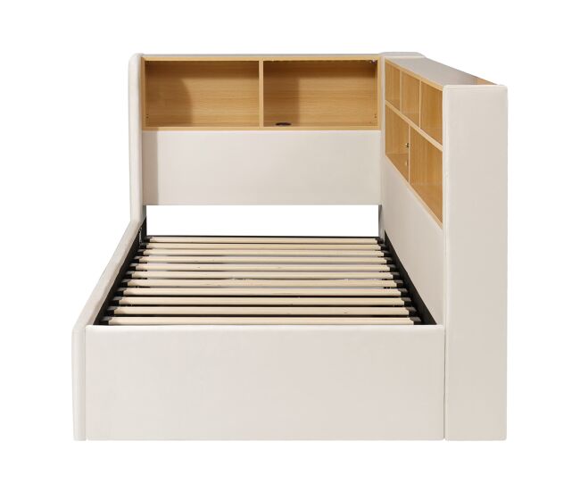 Cama de día 90x200 - almacenamiento hidráulico, led, usb, respaldo, sofá cama, terciopelo - beige