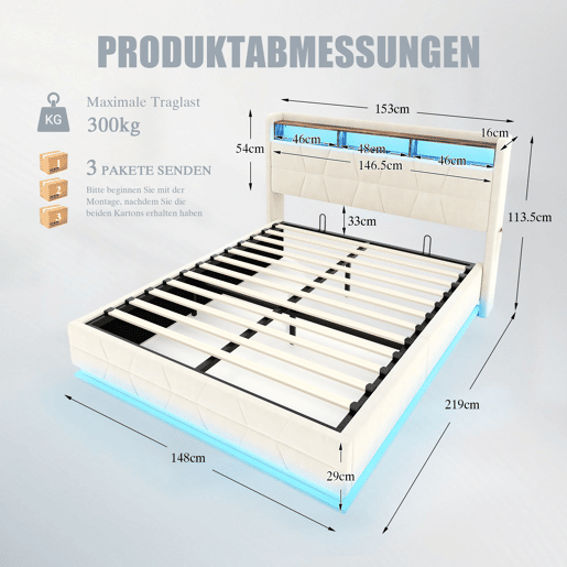 Cama multifuncional 140x200cm - LED, prateleiras, bolsos, USBType-C, cabeceira com arrumação - Bege